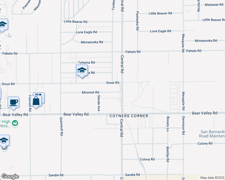 map of restaurants, bars, coffee shops, grocery stores, and more near 22438 Miramot Road in Apple Valley