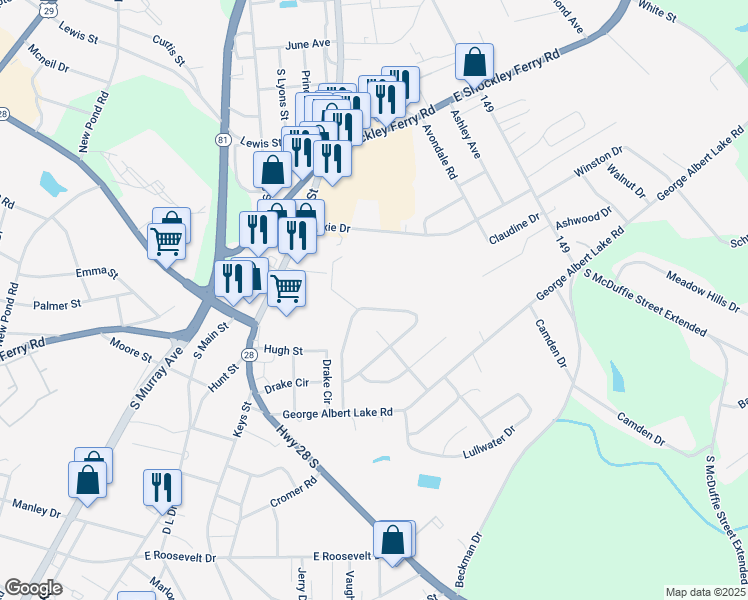 map of restaurants, bars, coffee shops, grocery stores, and more near 722 Woodmont Circle in Anderson