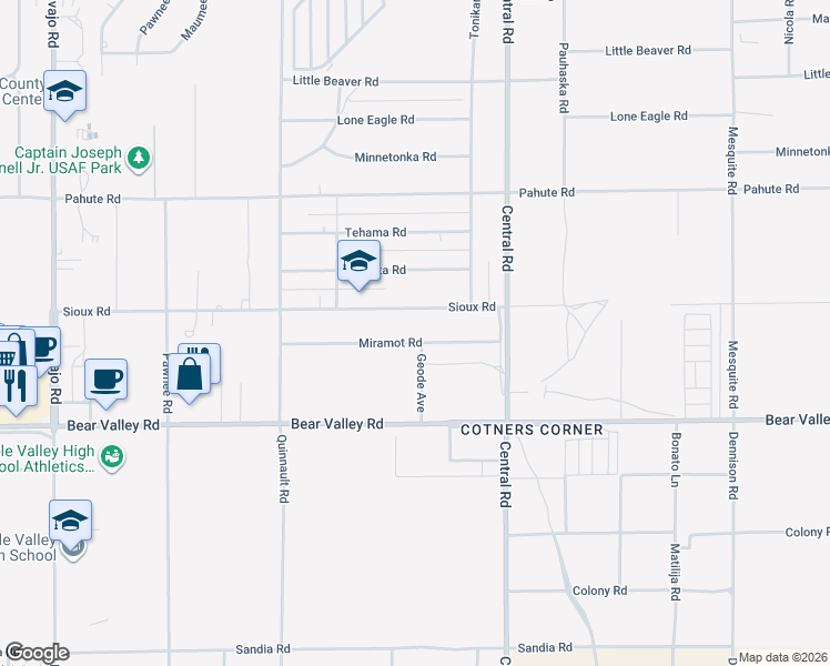 map of restaurants, bars, coffee shops, grocery stores, and more near 22370 Miramot Road in Apple Valley