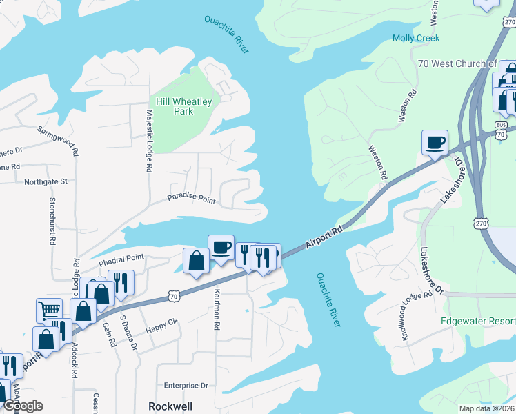 map of restaurants, bars, coffee shops, grocery stores, and more near 323 Paradise Point in Hot Springs