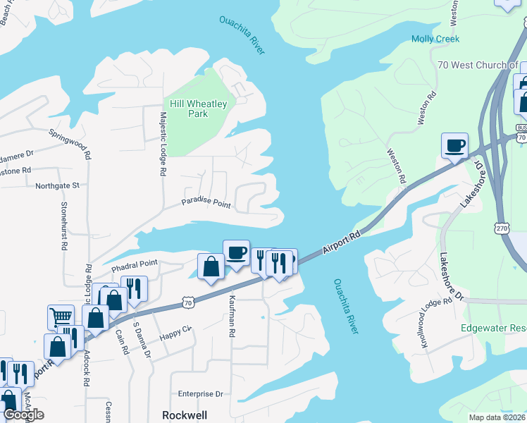 map of restaurants, bars, coffee shops, grocery stores, and more near 323 Paradise Point in Hot Springs