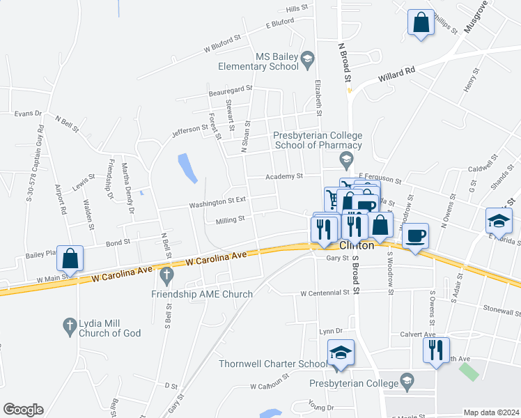 map of restaurants, bars, coffee shops, grocery stores, and more near 408 West Pitts Street in Clinton