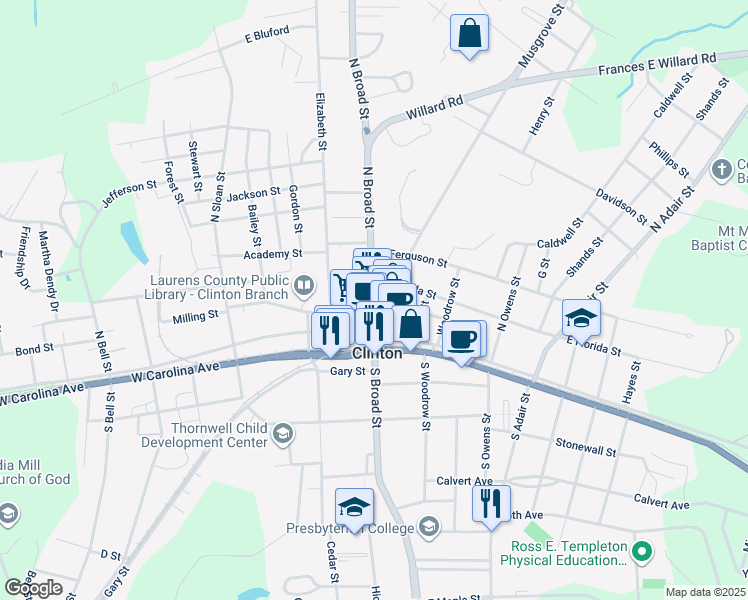 map of restaurants, bars, coffee shops, grocery stores, and more near 208 North Broad Street in Clinton