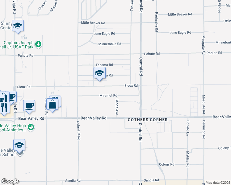 map of restaurants, bars, coffee shops, grocery stores, and more near 22370 Miramot Road in Apple Valley