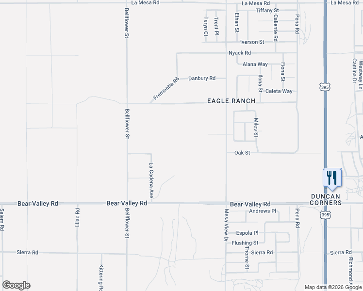 map of restaurants, bars, coffee shops, grocery stores, and more near 11398 Lindero Road in Victorville