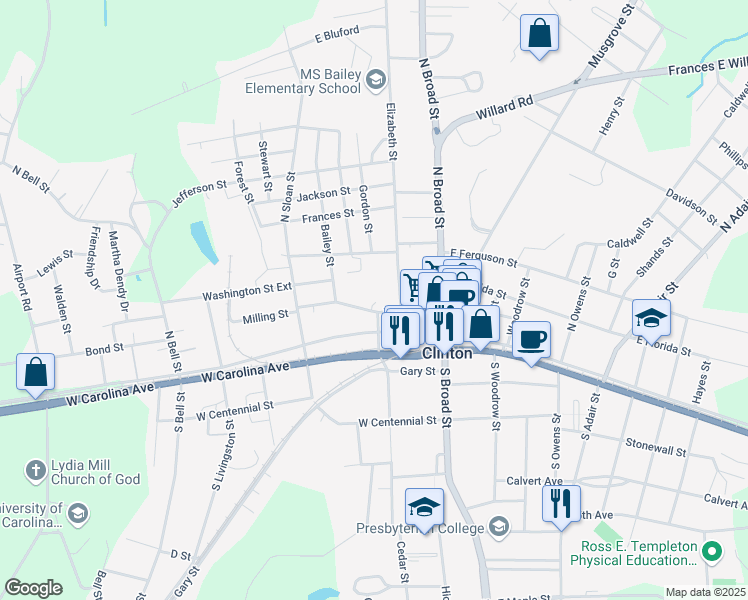 map of restaurants, bars, coffee shops, grocery stores, and more near 304 West Pitts Street in Clinton