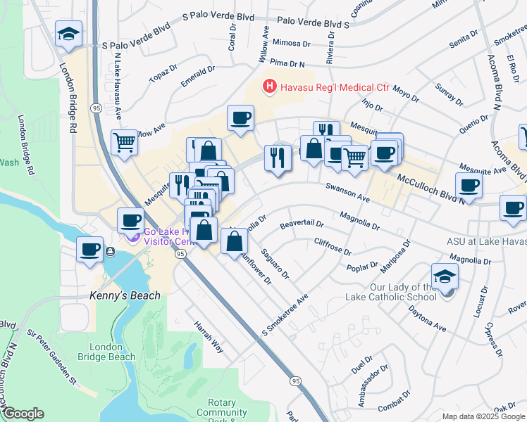 map of restaurants, bars, coffee shops, grocery stores, and more near 1707 Magnolia Drive in Lake Havasu City