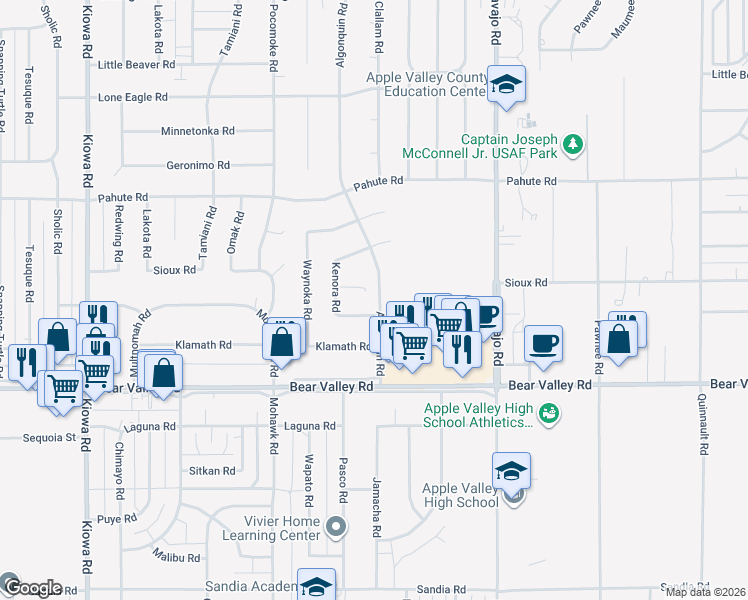 map of restaurants, bars, coffee shops, grocery stores, and more near 12270 Algonquin Road in Apple Valley