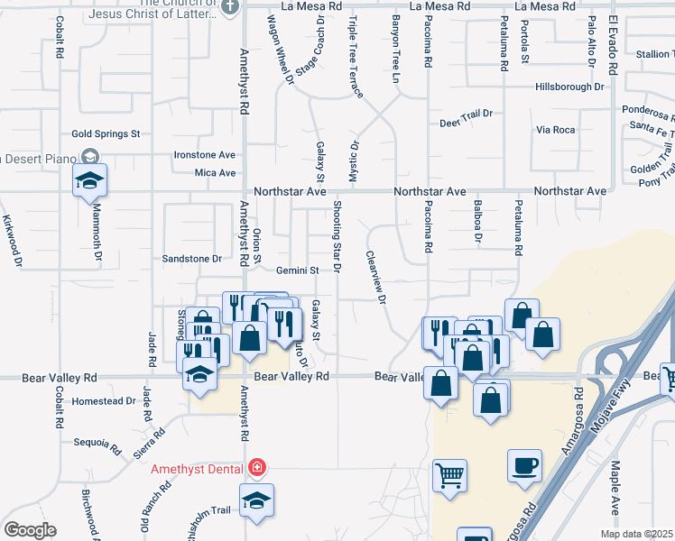 map of restaurants, bars, coffee shops, grocery stores, and more near Shooting Star Drive & Gemini Street in Victorville