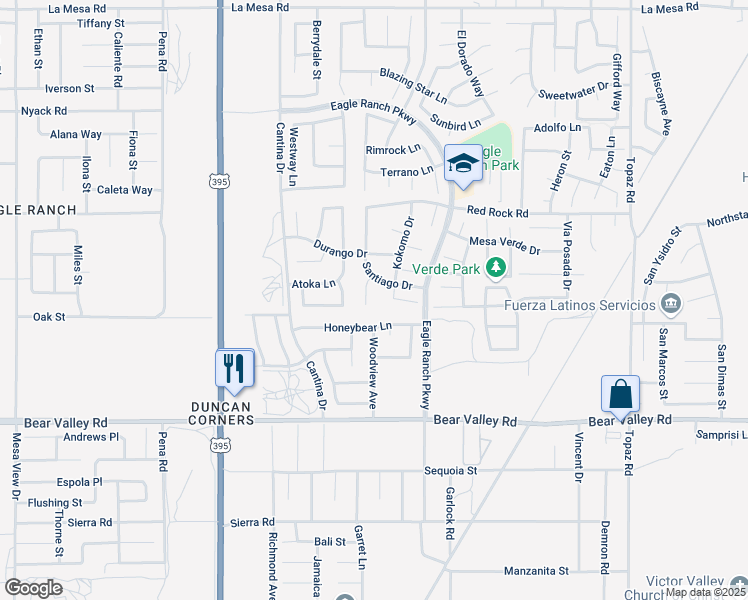 map of restaurants, bars, coffee shops, grocery stores, and more near 12333 Santiago Court in Victorville