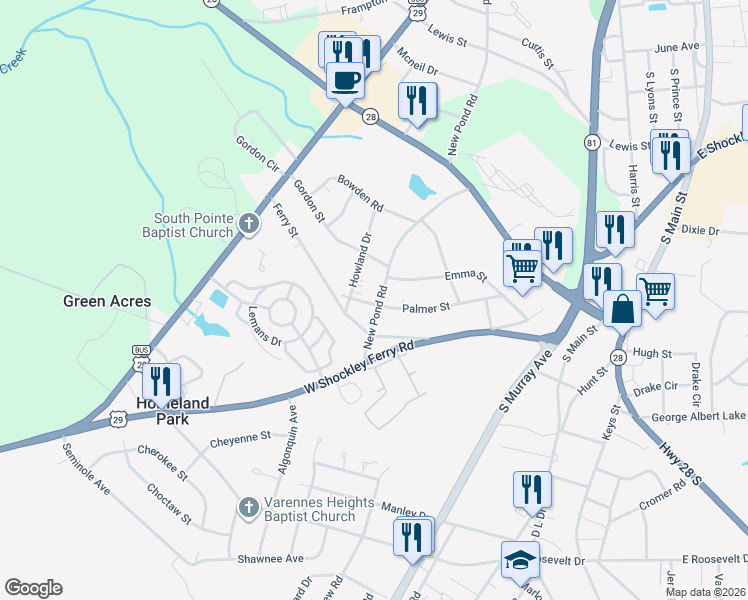 map of restaurants, bars, coffee shops, grocery stores, and more near 3312 New Pond Road in Anderson
