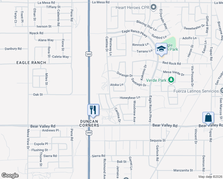 map of restaurants, bars, coffee shops, grocery stores, and more near 12334 Navajo Lane in Victorville