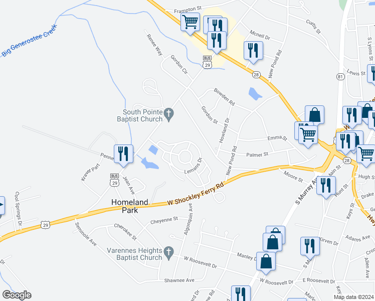 map of restaurants, bars, coffee shops, grocery stores, and more near 194 Lemans Drive in Anderson