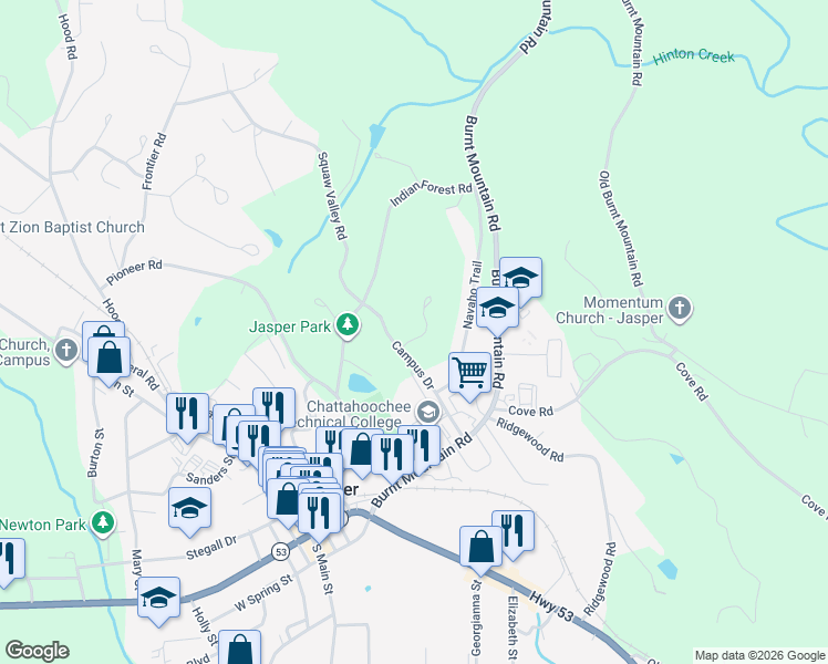 map of restaurants, bars, coffee shops, grocery stores, and more near 65 Apache Ridge Road in Jasper