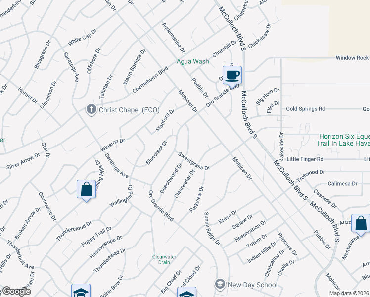 map of restaurants, bars, coffee shops, grocery stores, and more near 3649 Beechwood Drive in Lake Havasu City