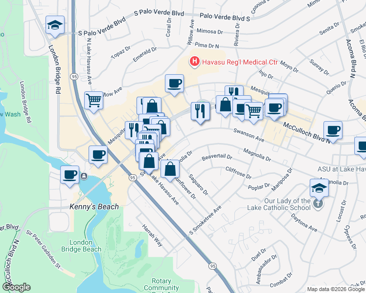 map of restaurants, bars, coffee shops, grocery stores, and more near 1707 Magnolia Drive in Lake Havasu City