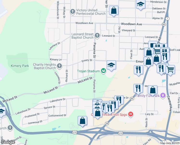 map of restaurants, bars, coffee shops, grocery stores, and more near 213 Elmhurst Street in Hot Springs