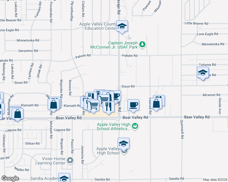 map of restaurants, bars, coffee shops, grocery stores, and more near 12242 Navajo Road in Apple Valley