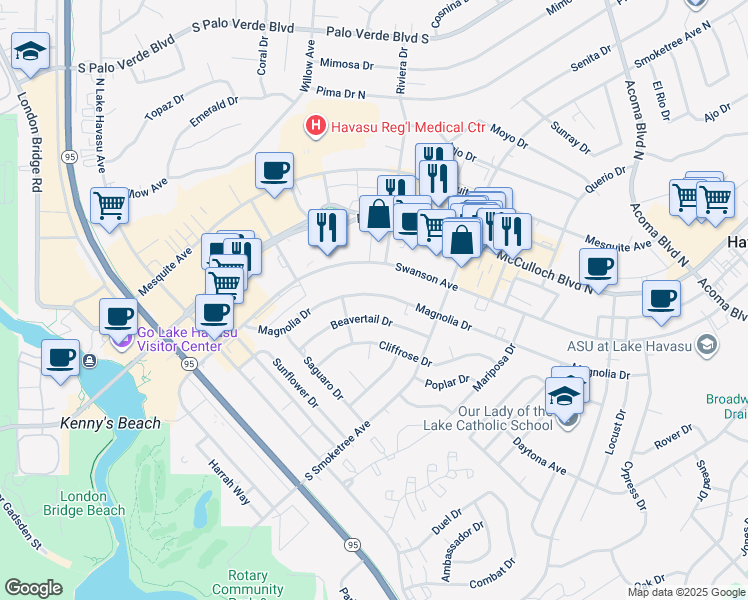 map of restaurants, bars, coffee shops, grocery stores, and more near 1810 Magnolia Drive in Lake Havasu City