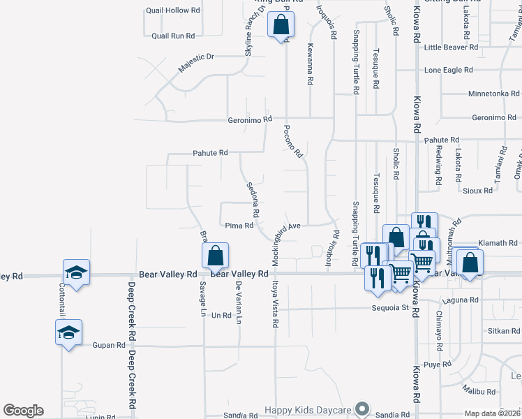 map of restaurants, bars, coffee shops, grocery stores, and more near 20381 Hohokam Court in Apple Valley