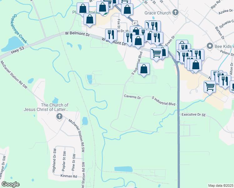 map of restaurants, bars, coffee shops, grocery stores, and more near 160 South Industrial Boulevard in Calhoun