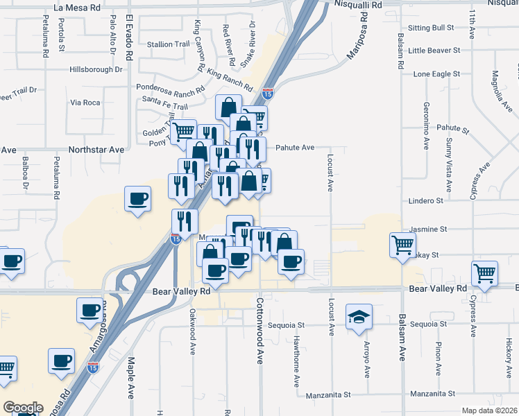 map of restaurants, bars, coffee shops, grocery stores, and more near Cottonwood Avenue in Victorville
