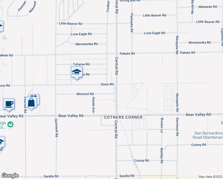 map of restaurants, bars, coffee shops, grocery stores, and more near 22438 Miramot Road in Apple Valley