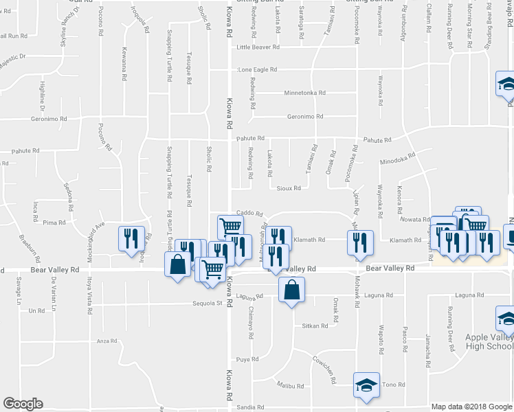 map of restaurants, bars, coffee shops, grocery stores, and more near 20990 Caddo Road in Apple Valley
