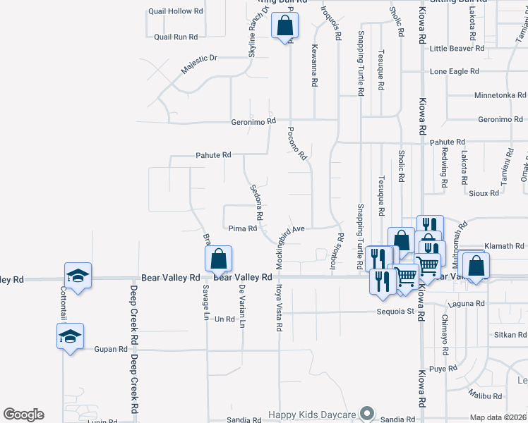 map of restaurants, bars, coffee shops, grocery stores, and more near 20381 Hohokam Court in Apple Valley