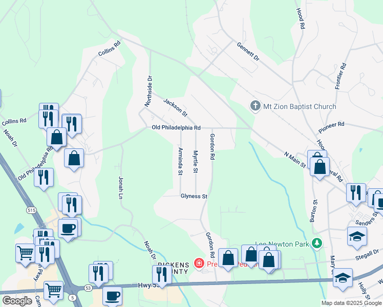 map of restaurants, bars, coffee shops, grocery stores, and more near 191 Myrtle Street in Jasper