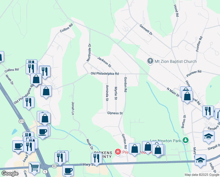 map of restaurants, bars, coffee shops, grocery stores, and more near 186 Arminda Street in Jasper
