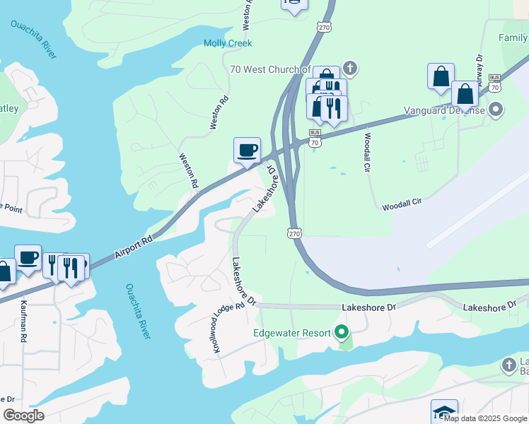 map of restaurants, bars, coffee shops, grocery stores, and more near 2311 Lakeshore Drive in Hot Springs
