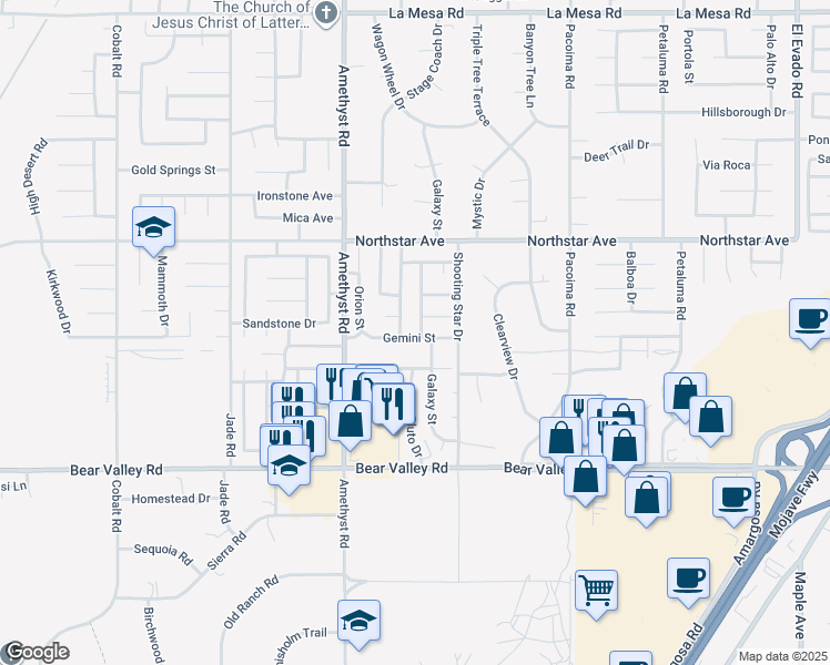 map of restaurants, bars, coffee shops, grocery stores, and more near 12338 Mount Baldy Drive in Victorville