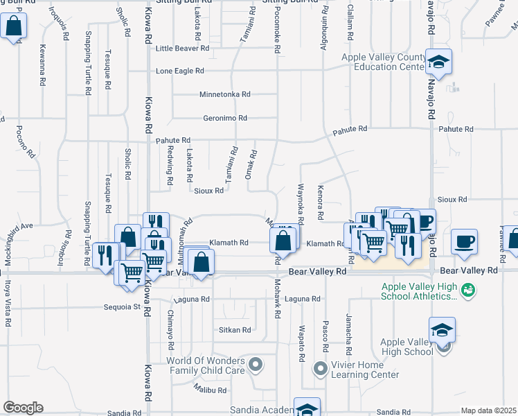 map of restaurants, bars, coffee shops, grocery stores, and more near 21210 Multnomah Road in Apple Valley