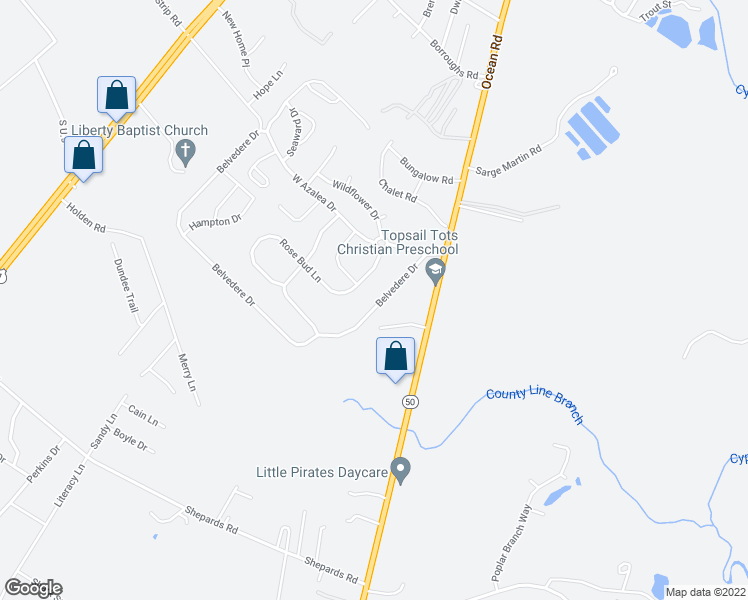 map of restaurants, bars, coffee shops, grocery stores, and more near 126 Belvedere Drive in Holly Ridge