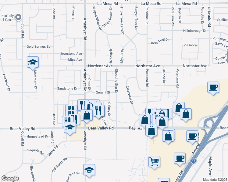map of restaurants, bars, coffee shops, grocery stores, and more near 13788 Gemini Street in Victorville