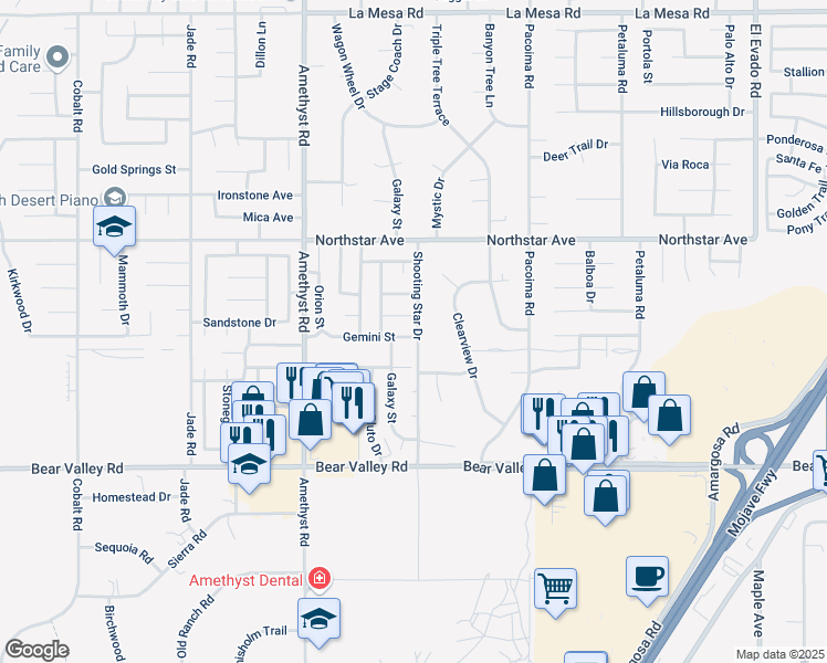 map of restaurants, bars, coffee shops, grocery stores, and more near 13796 Gemini Street in Victorville