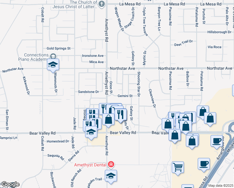 map of restaurants, bars, coffee shops, grocery stores, and more near 13664 Gemini Street in Victorville