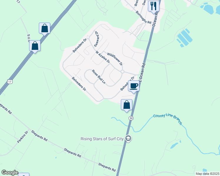 map of restaurants, bars, coffee shops, grocery stores, and more near 350 Rose Bud Lane in Holly Ridge