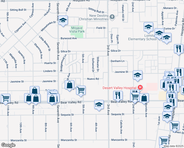 map of restaurants, bars, coffee shops, grocery stores, and more near 12308 Softwind Drive in Victorville