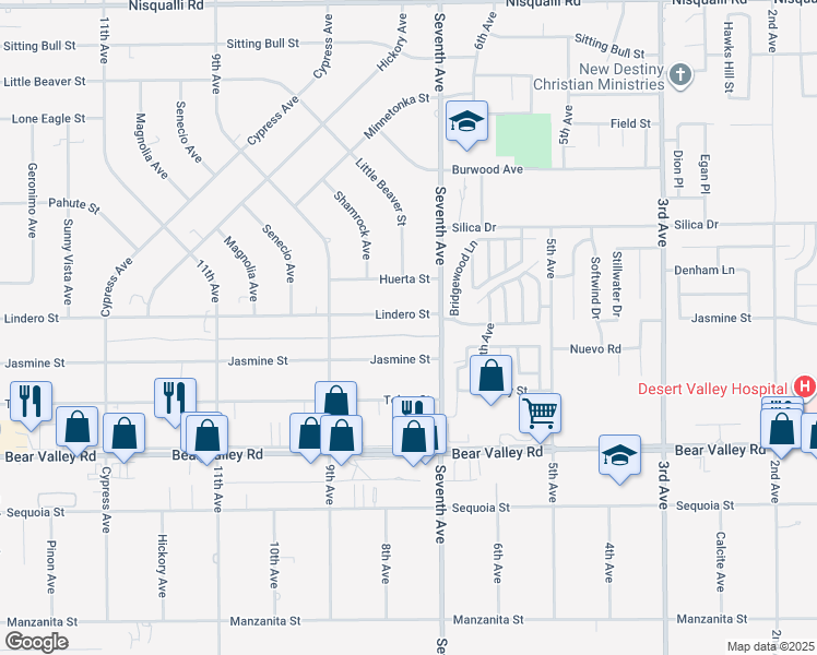 map of restaurants, bars, coffee shops, grocery stores, and more near 16037 Lindero Street in Victorville
