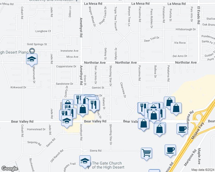 map of restaurants, bars, coffee shops, grocery stores, and more near 13780 Gemini Street in Victorville