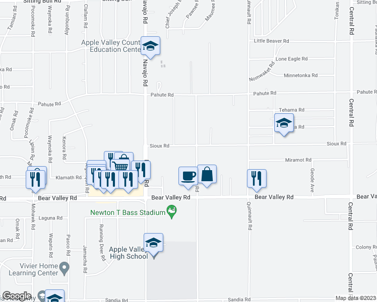 map of restaurants, bars, coffee shops, grocery stores, and more near 21869 Sioux Road in Apple Valley