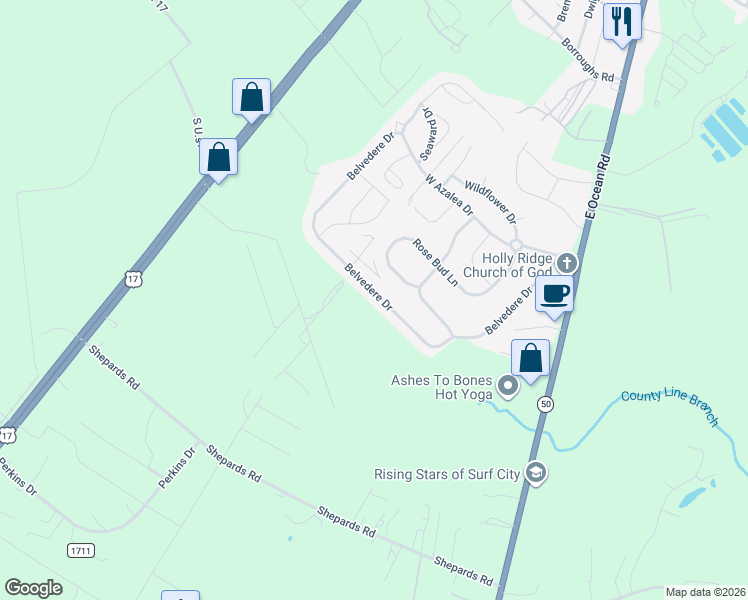map of restaurants, bars, coffee shops, grocery stores, and more near 231 Belvedere Drive in Holly Ridge