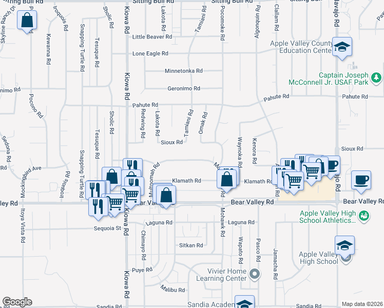 map of restaurants, bars, coffee shops, grocery stores, and more near 21150 Multnomah Road in Apple Valley