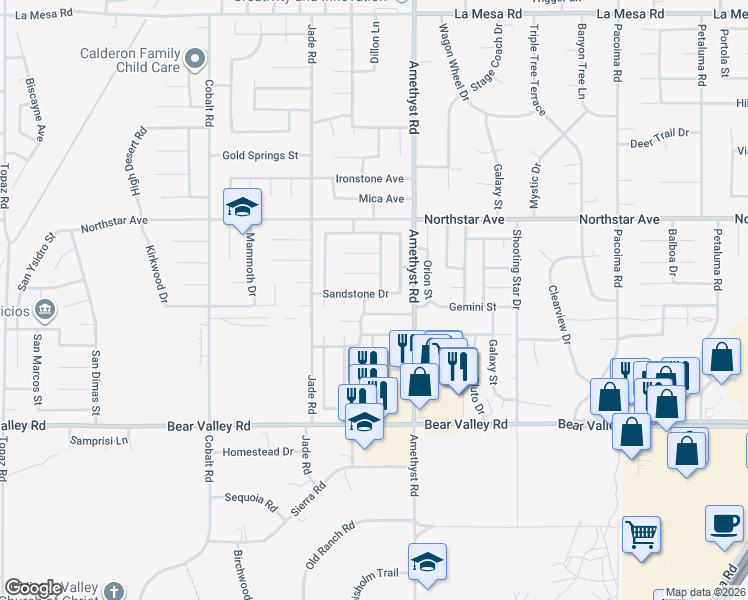 map of restaurants, bars, coffee shops, grocery stores, and more near 13621 Sandstone Drive in Victorville