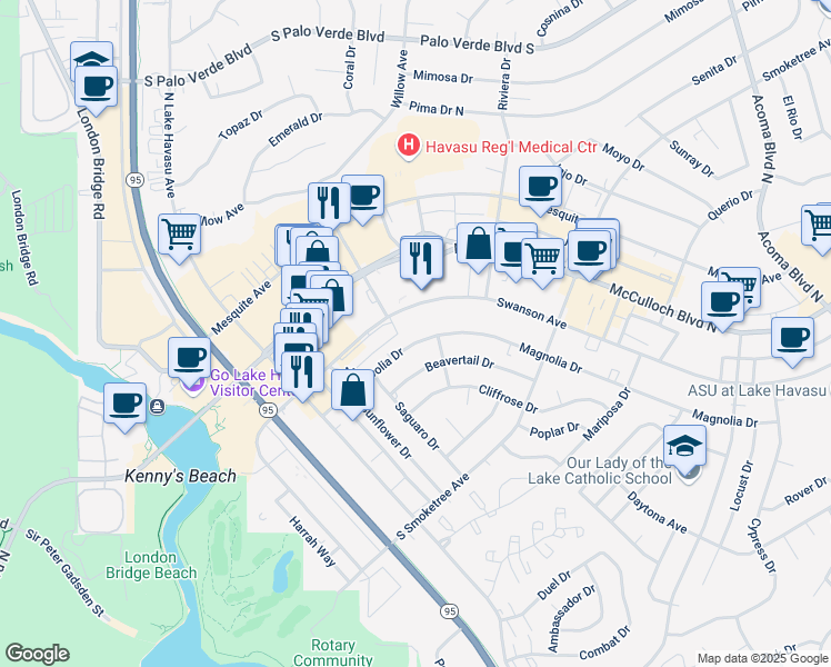 map of restaurants, bars, coffee shops, grocery stores, and more near 1707 Magnolia Drive in Lake Havasu City