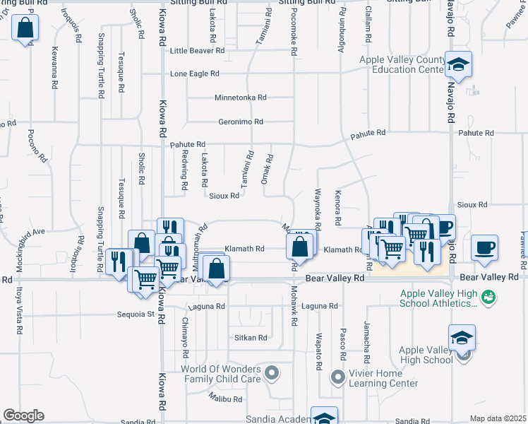map of restaurants, bars, coffee shops, grocery stores, and more near 21210 Multnomah Road in Apple Valley