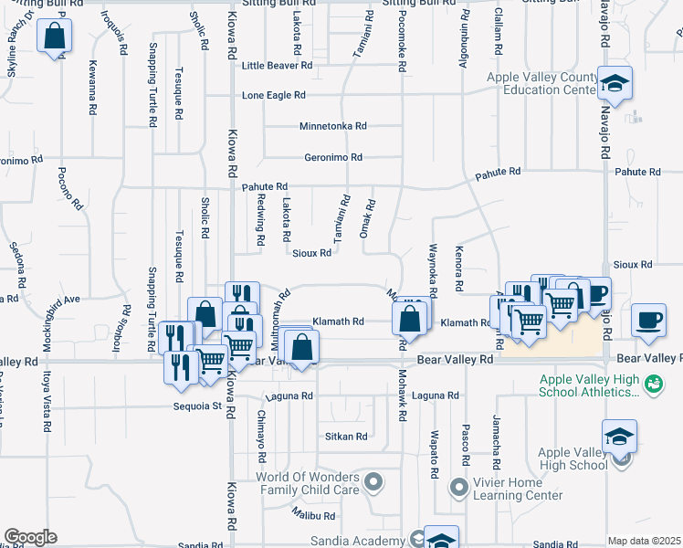 map of restaurants, bars, coffee shops, grocery stores, and more near 21150 Multnomah Road in Apple Valley