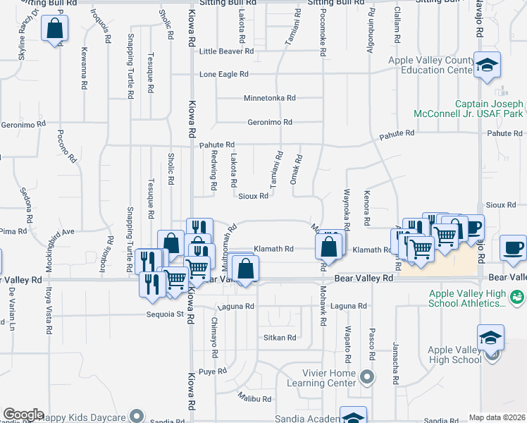 map of restaurants, bars, coffee shops, grocery stores, and more near 21090 Multnomah Road in Apple Valley